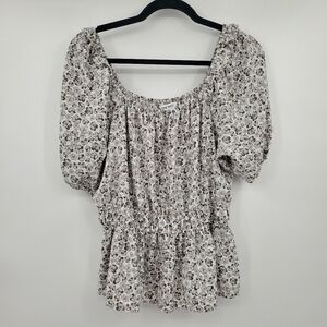 ♤♤ Nine West Floral Peplum Top Puff Sleeve Size Medium White Gray